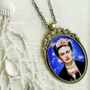 Large blue FRIDA pendant, Frida Kahlo necklace, Frida oval pendant, Frida Kahlo jewelry, gift for women, Christmas gift, blue necklace Frida image 7