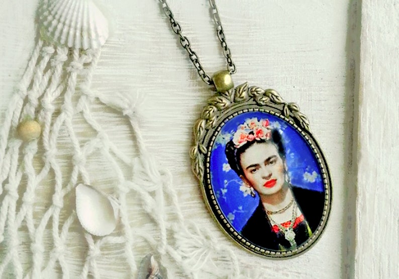 Large blue FRIDA pendant, Frida Kahlo necklace, Frida oval pendant, Frida Kahlo jewelry, gift for women, Christmas gift, blue necklace Frida image 7