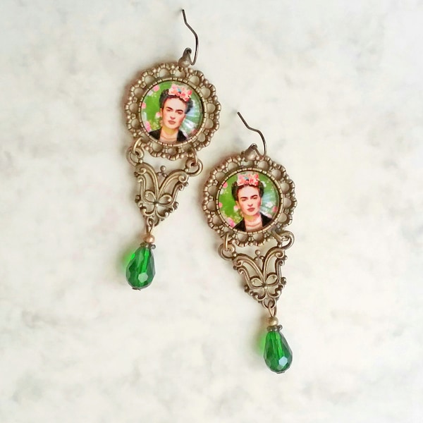 Boucles d'oreilles Frida longues, boucles d'oreilles Frida Victorian, boucles d'oreilles en filigrane vert Frida, bijoux Frida Kahlo