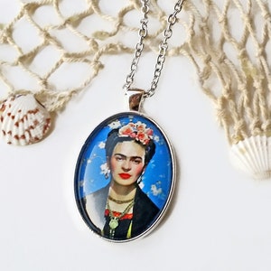 Large blue FRIDA pendant, Frida Kahlo necklace, Frida oval pendant, Frida Kahlo jewelry, gift for women, Christmas gift, blue necklace Frida image 5