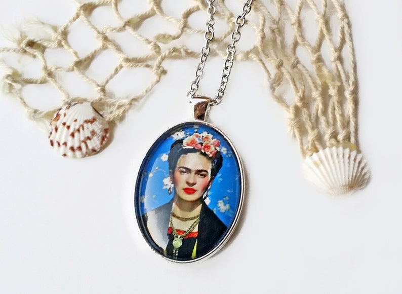 Large blue FRIDA pendant, Frida Kahlo necklace, Frida oval pendant, Frida Kahlo jewelry, gift for women, Christmas gift, blue necklace Frida image 5