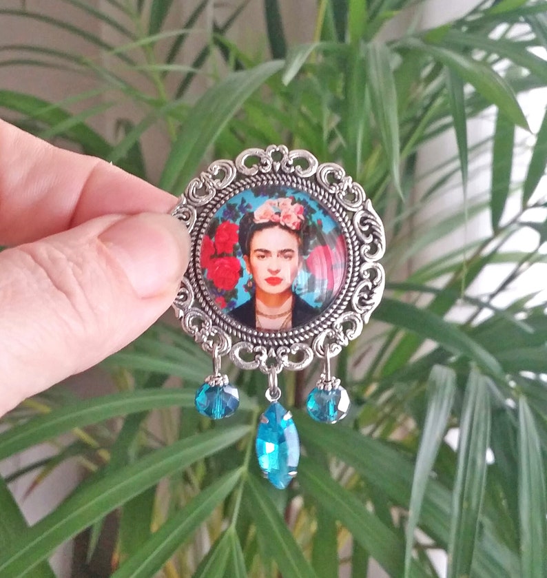 Blue Frida Kahlo brooch, Frida pink brooch, Frida jeans jacket ornament, Frida brooch, gift for women, gift for girl, Frida Kahlo jewelry image 2