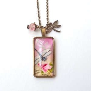 Dragonfly long necklace, vintage bronze dragonfly pendant, romantic necklace for women, gift for women, christmas gift Pink