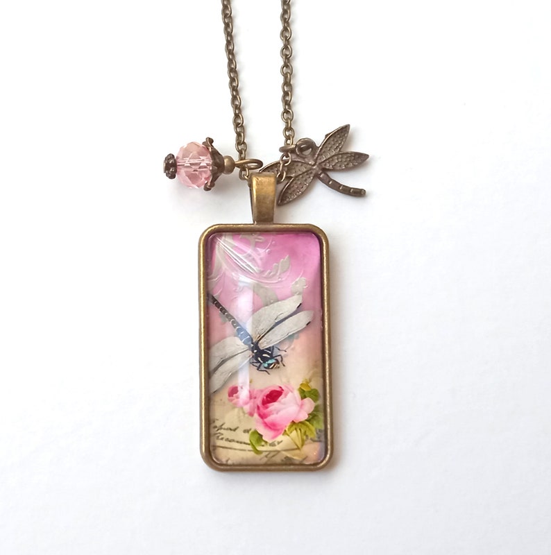 Dragonfly long necklace, vintage bronze dragonfly pendant, romantic necklace for women, gift for women, christmas gift Pink