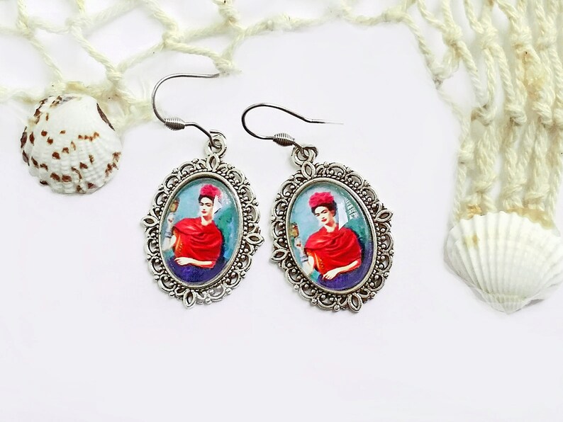 Pendientes ovalados turquesa Frida Kahlo,bisuteria con Frida,pendientes estilo antiguo Frida,pendientes colgantes azules,regalo para mujer imagen 3