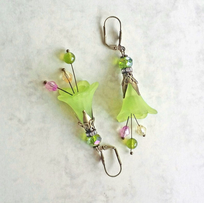 Pistachio earrings with Lily Flower, boho earrings,Lucite flower earrings,gift for women,christmas gift image 7