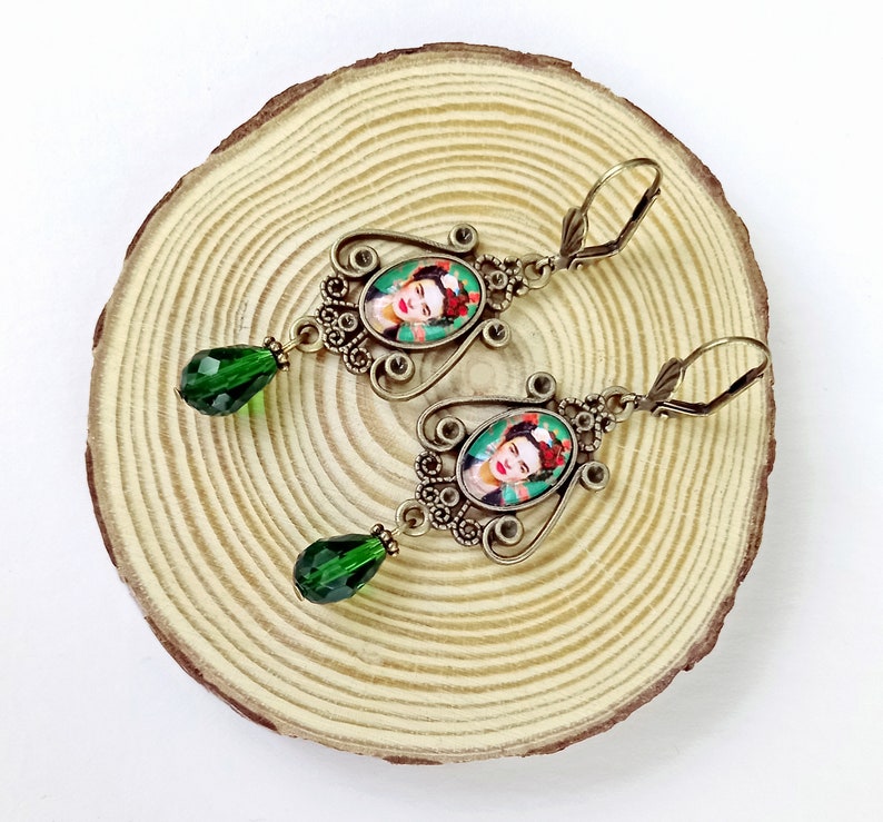 Pendientes estilo vintage Frida,aretes estilo antiguo Frida Kahlo,pendientes largos Frida Kahlo,regalo para mujer,bisutería Frida Kahlo imagen 6