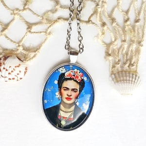 Large blue FRIDA pendant, Frida Kahlo necklace, Frida oval pendant, Frida Kahlo jewelry, gift for women, Christmas gift, blue necklace Frida image 3