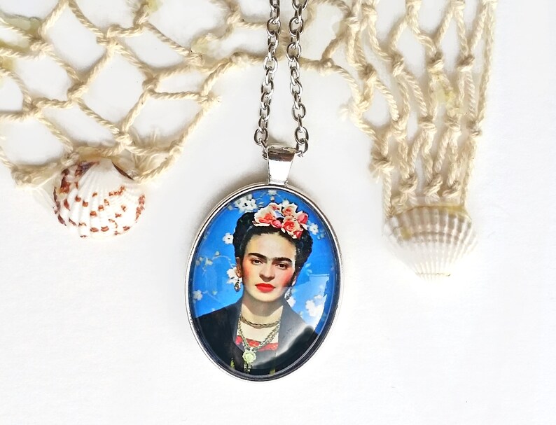 Large blue FRIDA pendant, Frida Kahlo necklace, Frida oval pendant, Frida Kahlo jewelry, gift for women, Christmas gift, blue necklace Frida image 3