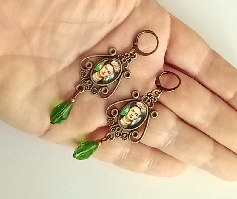 Pendientes estilo vintage Frida,aretes estilo antiguo Frida Kahlo,pendientes largos Frida Kahlo,regalo para mujer,bisutería Frida Kahlo imagen 5