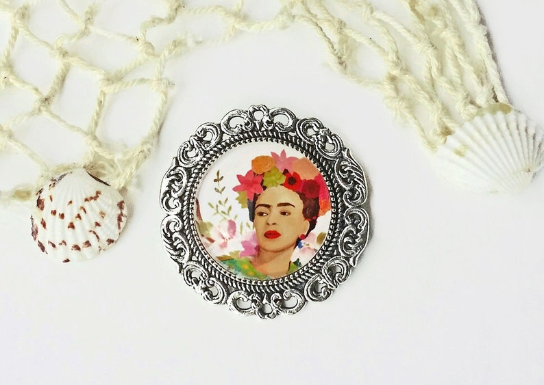 Frida cabochon brooch, silver Frida Kahlo brooch, gift for women, christmas gift, brooch with image of Frida image 8