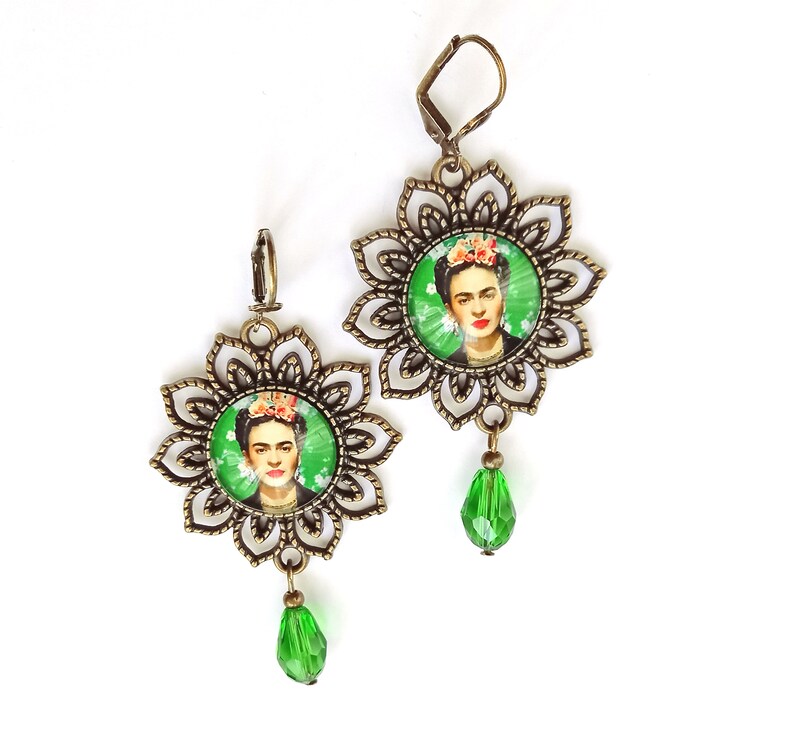 Large Frida earrings, green vintage style Frida earrings, Frida Kahlo jewelry, folk jewelry with Frida, gift for Frida lovers,gift for women image 3