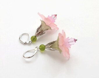 Romantic earrings with pink and green lily flower,lucite flower earrings