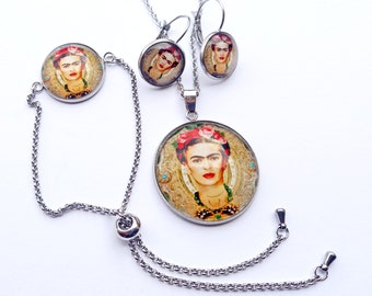 Collar Frida Kahlo,conjunto de bisuteria Frida Kahlo,colgante grande de acero inoxidable Frida,regalo para mujer,regalo de Navidad mujer