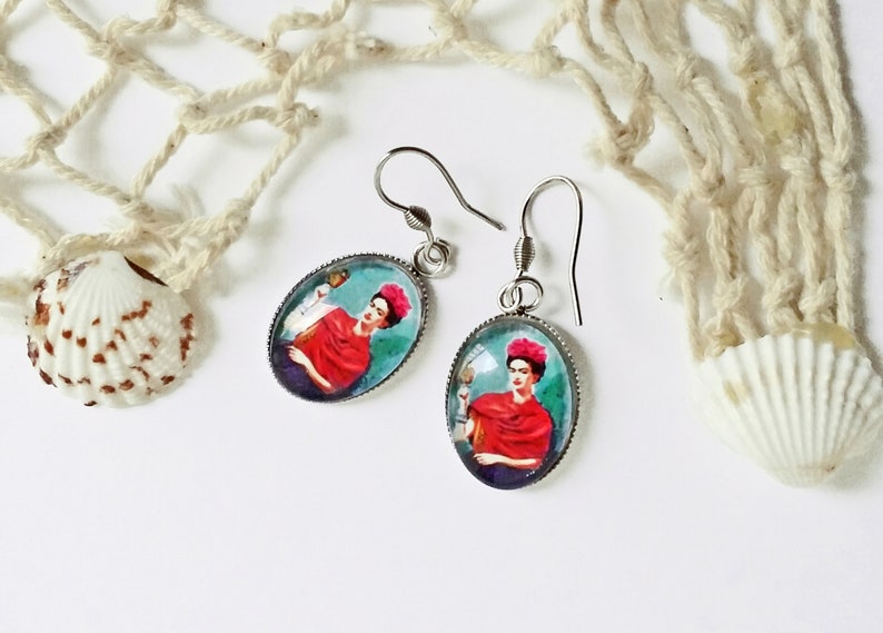 Pendientes ovalados turquesa Frida Kahlo,bisuteria con Frida,pendientes estilo antiguo Frida,pendientes colgantes azules,regalo para mujer sin marco