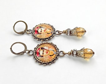 Frida Kahlo Ohrringe mit Tropfen, Vintage Frida Stil Ohrringe, Geschenk für Frau, Geschenk für sie, Geschenk für Frida-Liebhaber