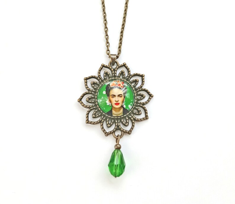 Large Frida earrings, green vintage style Frida earrings, Frida Kahlo jewelry, folk jewelry with Frida, gift for Frida lovers,gift for women image 7