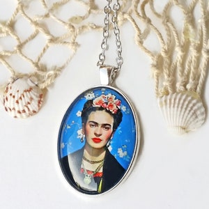 Large blue FRIDA pendant, Frida Kahlo necklace, Frida oval pendant, Frida Kahlo jewelry, gift for women, Christmas gift, blue necklace Frida image 1