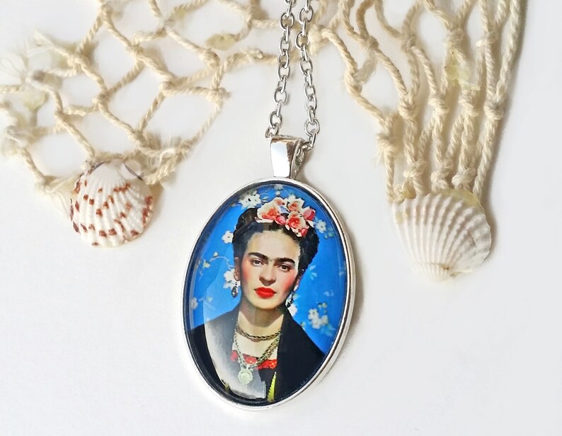 Large blue FRIDA pendant, Frida Kahlo necklace, Frida oval pendant, Frida Kahlo jewelry, gift for women, Christmas gift, blue necklace Frida image 1