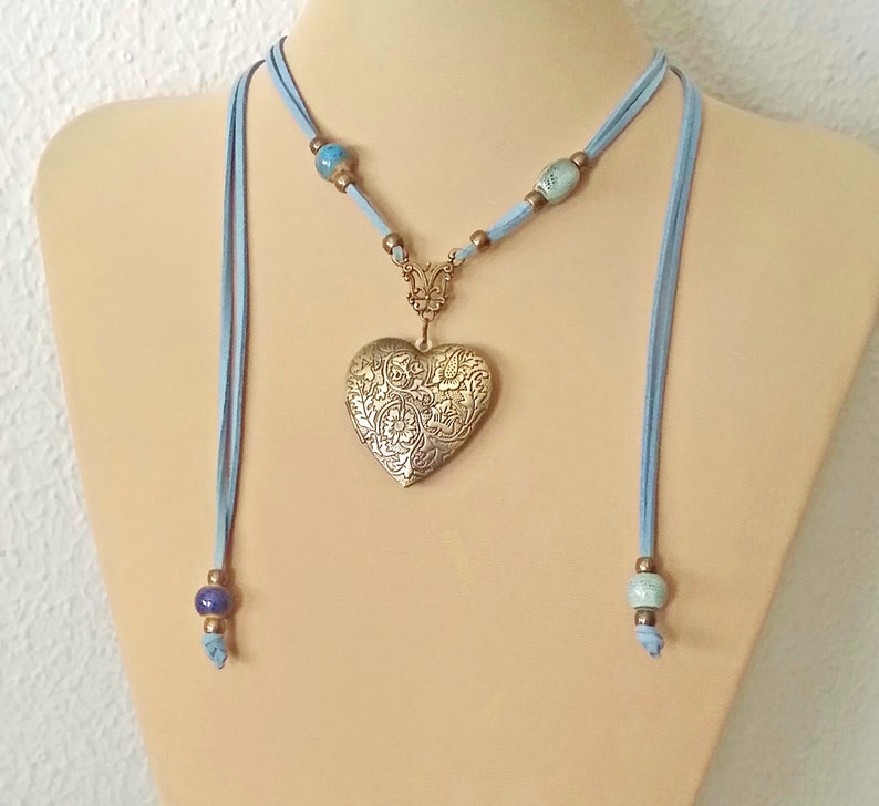 Collier multiposition avec médaille-coeur, collier porte-photo médaillon, collier boho, pendentif coeur, médaillon coeur image 4
