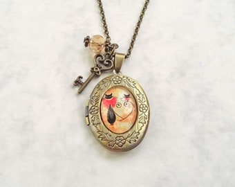 Medallion-locket-photo holder Kitty, locket, necklace with cat, gift for women, Christmas gift, girl's gift, bronze locket with cat