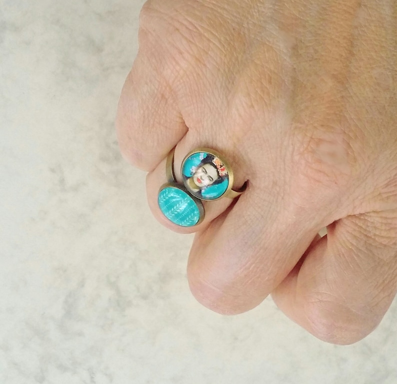 FRIDA double ring, original Frida ring, ring with 2 Frida cameos, Frida jewelry, turquoise Frida Kahlo ring image 7