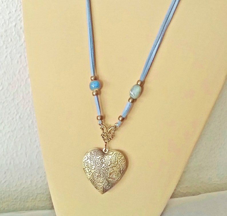 Collier multiposition avec médaille-coeur, collier porte-photo médaillon, collier boho, pendentif coeur, médaillon coeur image 1