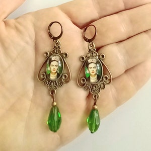 Pendientes estilo vintage Frida,aretes estilo antiguo Frida Kahlo,pendientes largos Frida Kahlo,regalo para mujer,bisutería Frida Kahlo verde oscuro