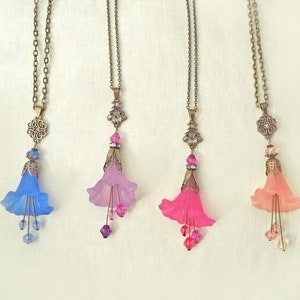 Lucite flower earrings,pink lily flower dangle earrings, filigree floral pink earrings, gift for mother,gift for boho girls,gift for she, image 10