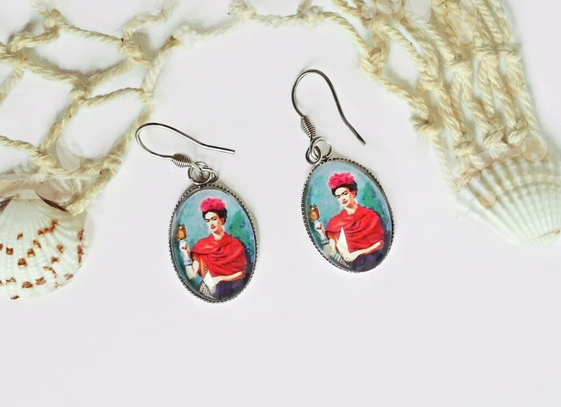 Pendientes ovalados turquesa Frida Kahlo,bisuteria con Frida,pendientes estilo antiguo Frida,pendientes colgantes azules,regalo para mujer imagen 8