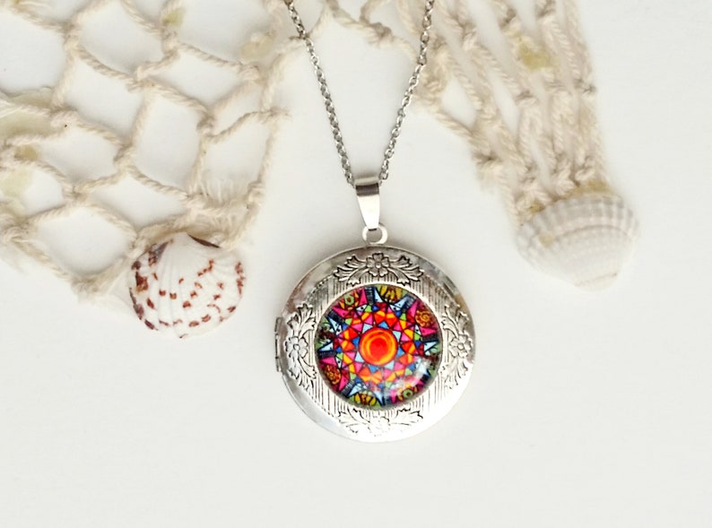 Medalik-relikwiarz Vitrage,kolorowy medalion mandala, prezent dla kobiet, prezent na Boże Narodzenie, zawieszka na zdjęcie z mandalą zdjęcie 5