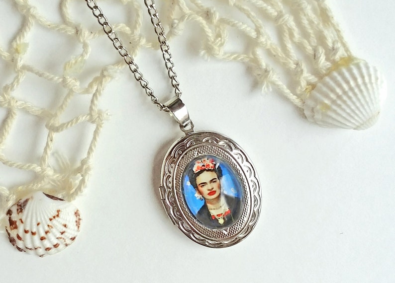 Large blue FRIDA pendant, Frida Kahlo necklace, Frida oval pendant, Frida Kahlo jewelry, gift for women, Christmas gift, blue necklace Frida image 6