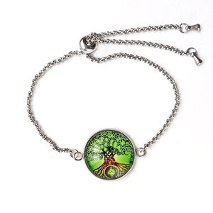 Pulsera ajustable de acero inoxidable con Arbol de la vida,pulsera con cabochon de arbol de vida ,regalo para mujer,regalo de Navidad mujer Verde