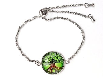 Pulsera ajustable de acero inoxidable con Arbol de la vida,pulsera con cabochon de arbol de vida ,regalo para mujer,regalo de Navidad mujer