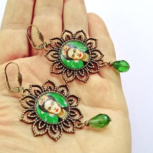Large Frida earrings, green vintage style Frida earrings, Frida Kahlo jewelry, folk jewelry with Frida, gift for Frida lovers,gift for women image 6