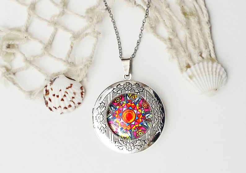 Medalik-relikwiarz Vitrage,kolorowy medalion mandala, prezent dla kobiet, prezent na Boże Narodzenie, zawieszka na zdjęcie z mandalą zdjęcie 3