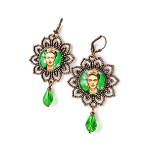 Large Frida earrings, green vintage style Frida earrings, Frida Kahlo jewelry, folk jewelry with Frida, gift for Frida lovers,gift for women image 2