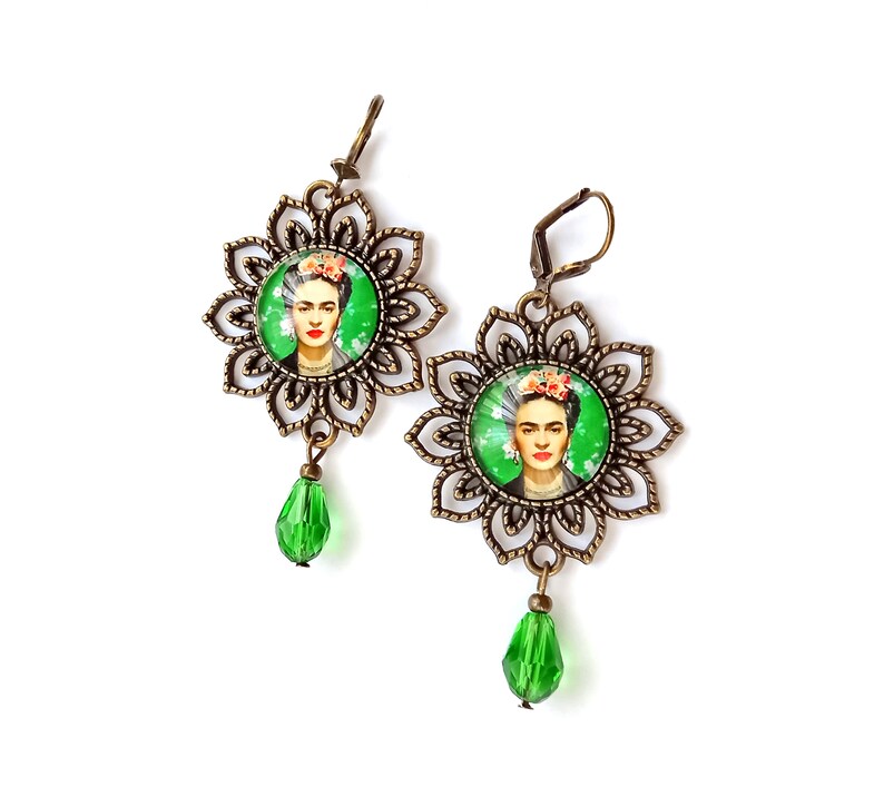 Large Frida earrings, green vintage style Frida earrings, Frida Kahlo jewelry, folk jewelry with Frida, gift for Frida lovers,gift for women image 2