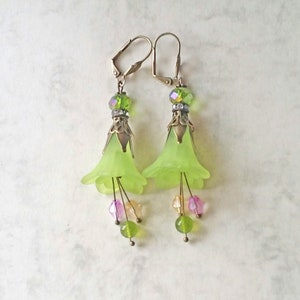 Pistachio earrings with Lily Flower, boho earrings,Lucite flower earrings,gift for women,christmas gift image 3