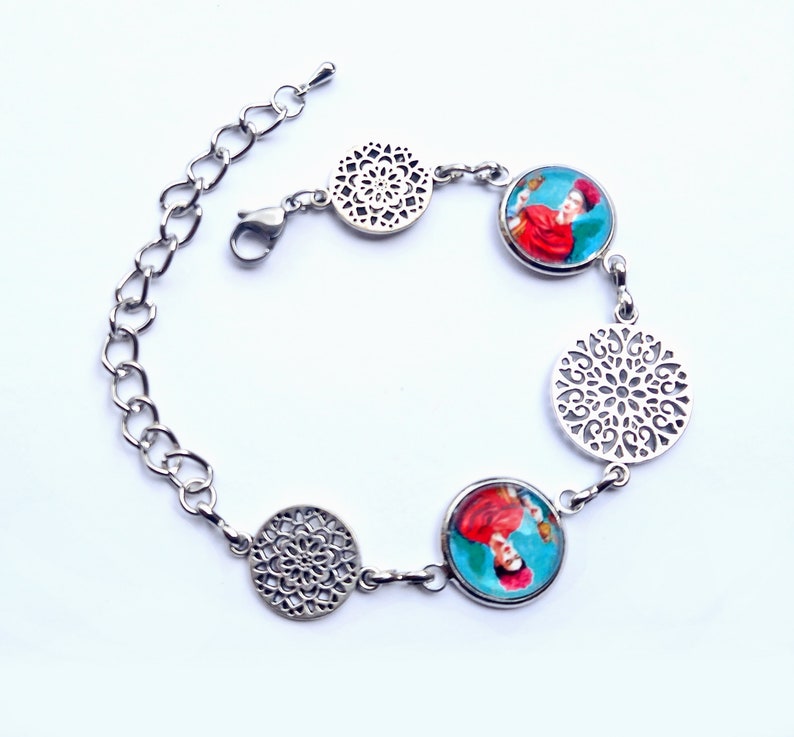 Bracelet en acier inoxydable avec Frida et mandalas, bracelet réglable Frida, cadeau pour femme, cadeau de Noël , bijoux Frida Kahlo image 3