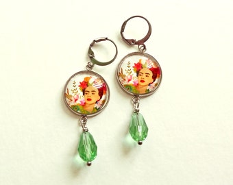 Frida Kahlo dangle earrings, Frida drop earrings, Frida long earrings with flowers, Frida olive-green earrings, Frida jewelry,gift for women