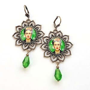 Large Frida earrings, green vintage style Frida earrings, Frida Kahlo jewelry, folk jewelry with Frida, gift for Frida lovers,gift for women image 1