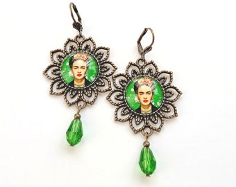 Grandes boucles d'oreilles Frida, boucles d'oreilles Frida de style vintage vert, bijoux Frida Kahlo, cadeau pour les amoureux de Frida,