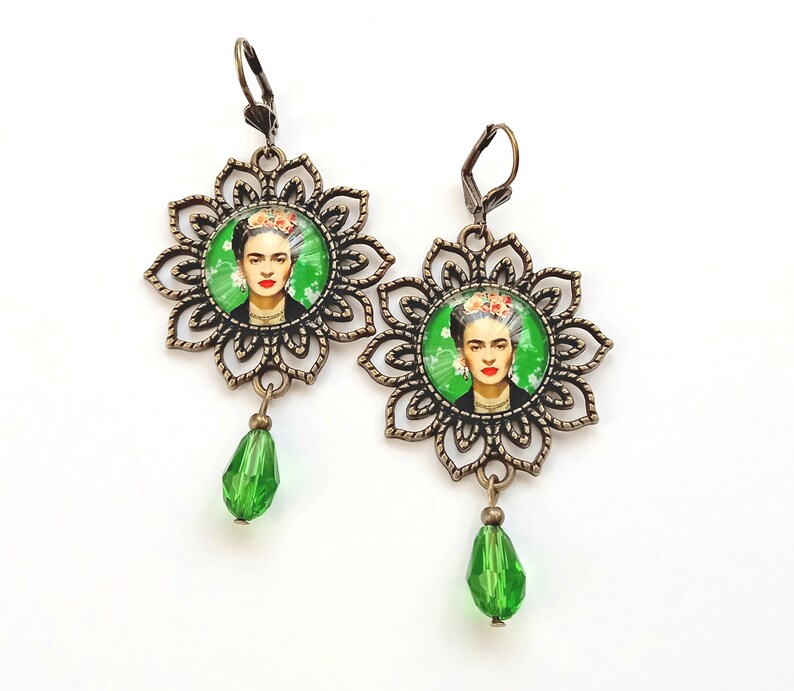 Large Frida earrings, green vintage style Frida earrings, Frida Kahlo jewelry, folk jewelry with Frida, gift for Frida lovers,gift for women image 1