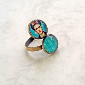 FRIDA double ring, original Frida ring, ring with 2 Frida cameos, Frida jewelry, turquoise Frida Kahlo ring image 2