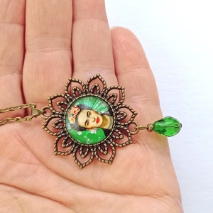 Large Frida earrings, green vintage style Frida earrings, Frida Kahlo jewelry, folk jewelry with Frida, gift for Frida lovers,gift for women image 8
