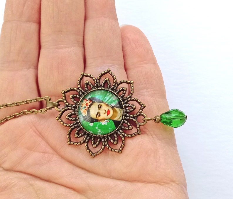 Large Frida earrings, green vintage style Frida earrings, Frida Kahlo jewelry, folk jewelry with Frida, gift for Frida lovers,gift for women image 8