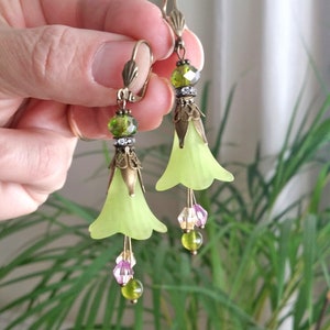 Pistachio earrings with Lily Flower, boho earrings,Lucite flower earrings,gift for women,christmas gift image 6