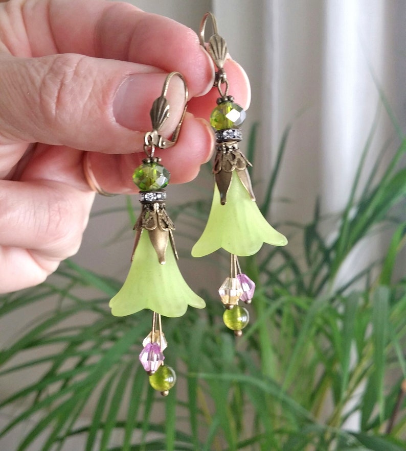 Pistachio earrings with Lily Flower, boho earrings,Lucite flower earrings,gift for women,christmas gift image 6