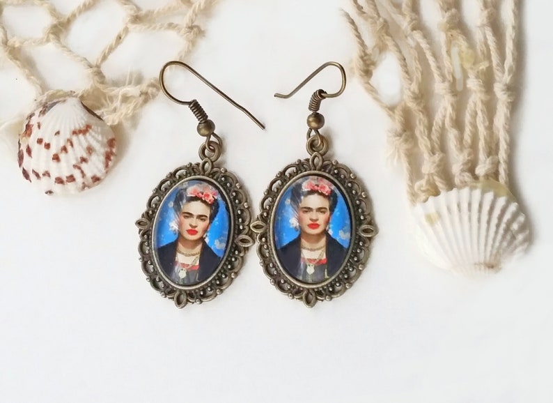 Large blue FRIDA pendant, Frida Kahlo necklace, Frida oval pendant, Frida Kahlo jewelry, gift for women, Christmas gift, blue necklace Frida image 8